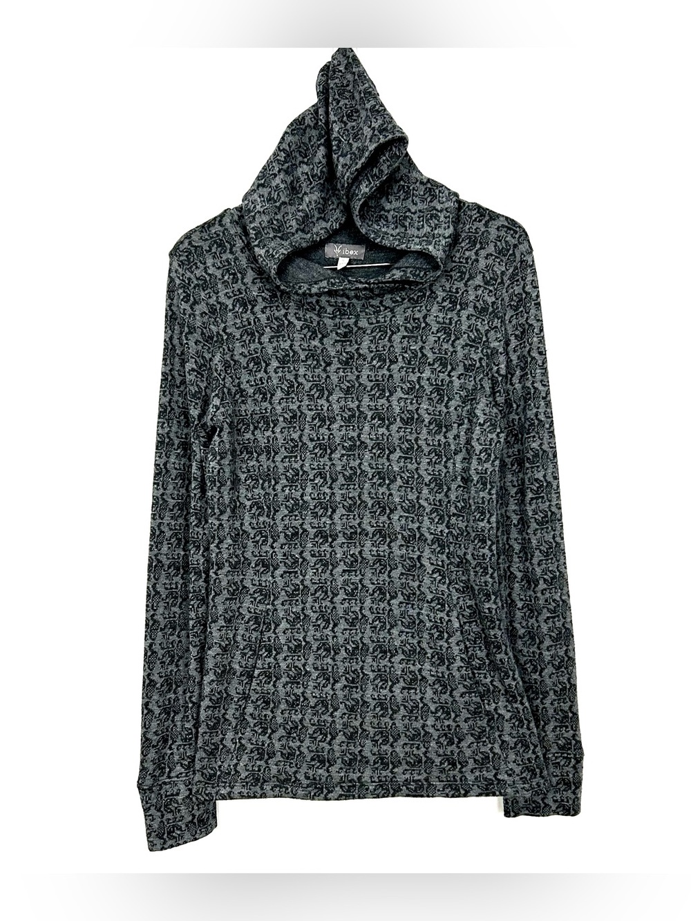 Ibex Merino Wool Hooded Pullover Women’s Size S Sweater Knit Pockets Gray Damask